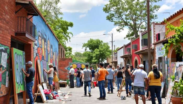 Colourful street mural in San Miguel de Allende with artists painting, illustrating the tension between artistic expression and legality amidst traditional architecture and tourists.
