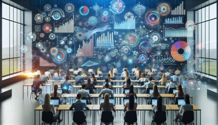 Diverse market research trainees in a modern classroom, surrounded by digital screens showing overwhelming data, using tools to filter and visualise information.