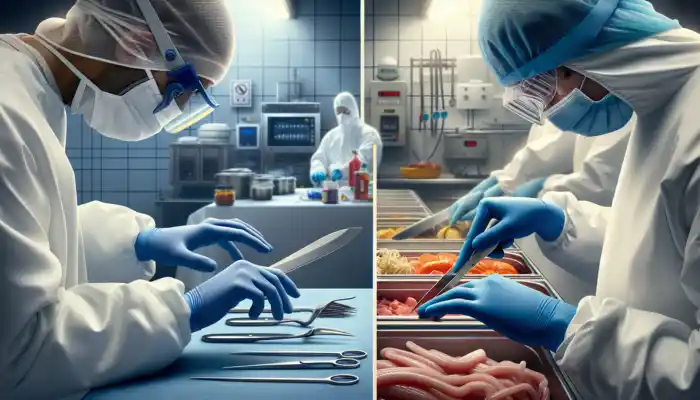 In a sterile UK workplace, healthcare worker in blue nitrile gloves handles sharp tools and chemicals, contrasted with vinyl gloves for food prep.