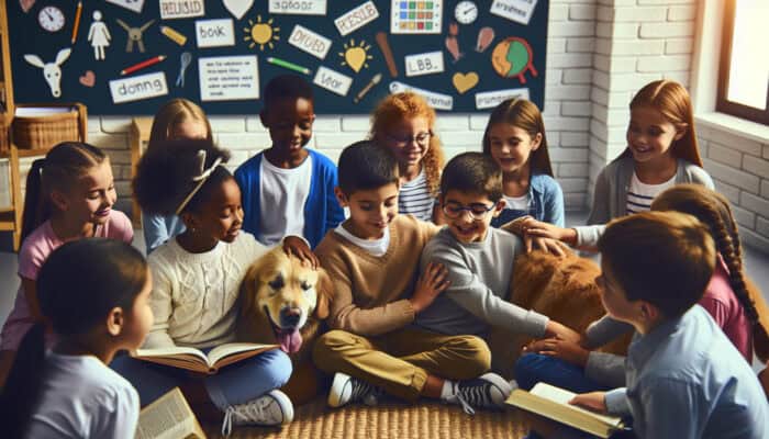 A golden retriever therapy dog sits in a cozy classroom as a student reads aloud, with children petting it joyfully.