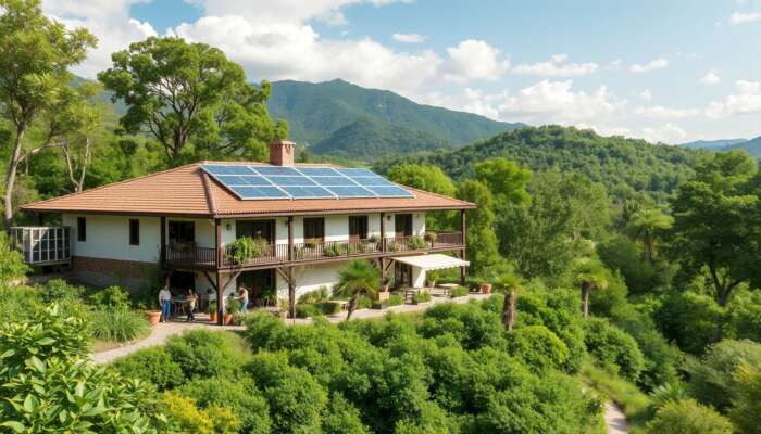 Eco-friendly hotel in San Miguel de Allende featuring solar panels, rainwater harvesting, and local staff practising sustainability in a lush green setting.