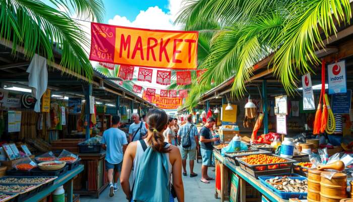Vibrant market on San Pedro Island, Belize: traveler engages with smiling vendors selling crafts and seafood amid tropical palms and banners.