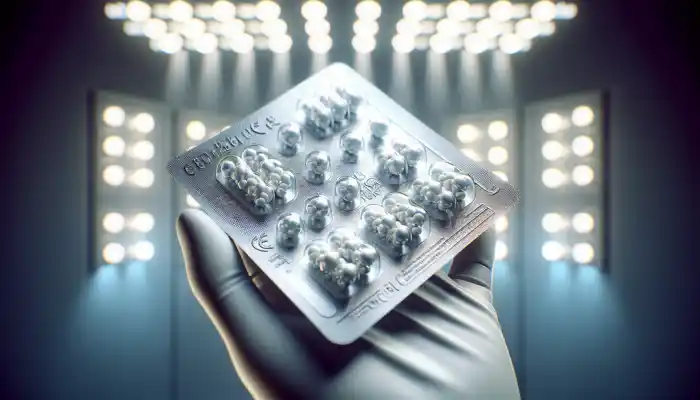 Close-up of sterile latex gloves in sealed packaging, showing CE marking and certifications on a UK pharmacy shelf under bright lights.