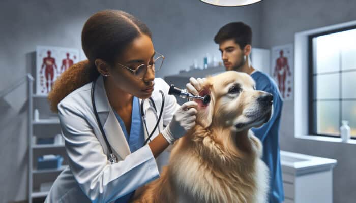 A veterinarian examining a golden retriever's infected ear using an otoscope; visible redness and swelling, the dog tilts its head, while the owner appears worried.