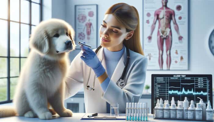 A veterinarian examining a fluffy dog's ear using an otoscope in a clinic, with swabs, cytology slide, and allergy test kits in the background.