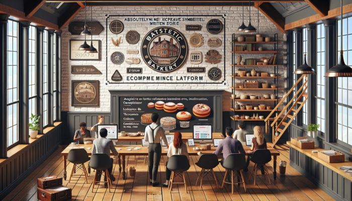 Ecommerce Development Company in Stroud: Developers in a modern Stroud office collaborate on bespoke ecommerce platforms; a screen shows a bakery's online store with fresh breads and compliance badges.