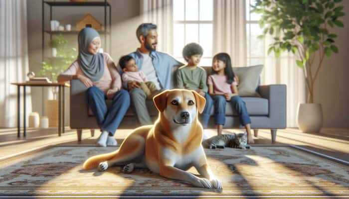 Spaying Changes Pet Personality: A recently spayed female dog lounges peacefully on a cozy rug in a sunlit room, surrounded by relaxed family and harmonious pets.
