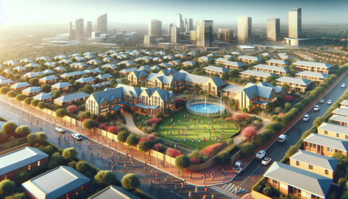 Aerial view of Randburg, South Africa, showing school zones with modern homes around schools, families strolling under a sunny sky.
