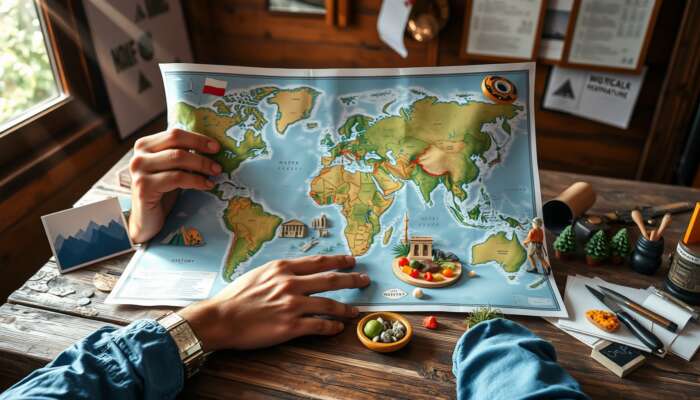 A traveller examines a world map on a rustic table, surrounded by symbols of nature, history, gastronomy, and adventure in sunlight.