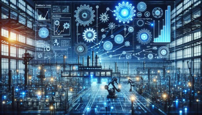 Dynamic factory illustration showing gears, circuits, and robots in a feedback loop optimizing operations.