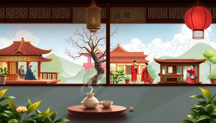 Illustration of tea house evolution: Ancient Chinese pavilion with scholars, Japanese ceremony in kimonos, elegant English afternoon tea, and modern San Miguel fusion.