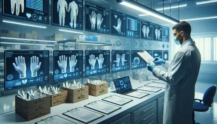 Quality assurance expert evaluating latex gauntlet glove samples in a sterile laboratory, surrounded by checklists, packaging, and tablets under bright lights.