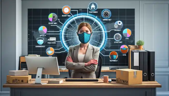 Business analyst in a modern Darlington office evaluating PPE suppliers using charts, icons, and custom masks for efficiency.