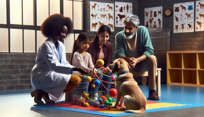 Behavioral Assessments for Pet Adoptions: Behaviorist in sunny shelter observes curious dog playing with diverse family, using charts and toys for compatibility assessment.