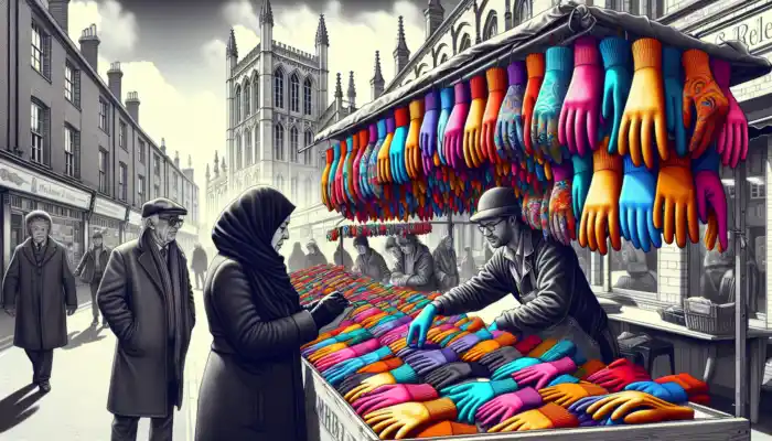 A shopper examines colourful gloves at a vibrant Leicester market stall, with historic brick buildings and a grey sky in the background.