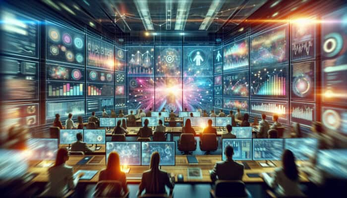 Analysts in a high-tech control room monitor holographic screens with real-time data, adjusting video campaigns based on social media trends.