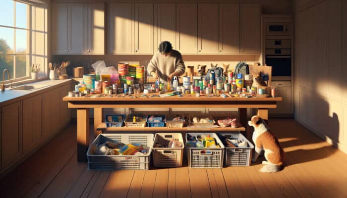 A person sorts pet supplies like food cans and medical kits into labeled bins on a wooden table, with a curious dog watching in a sunlit kitchen.