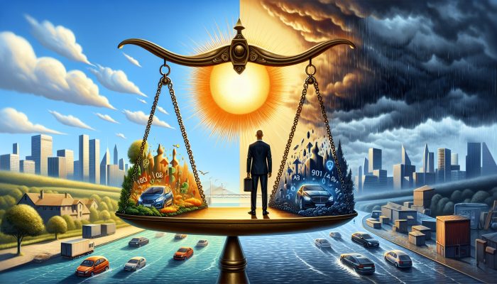 Borrower in UK city on scale: high credit score/low APR sunny side vs. low score/rising interest stormy side.