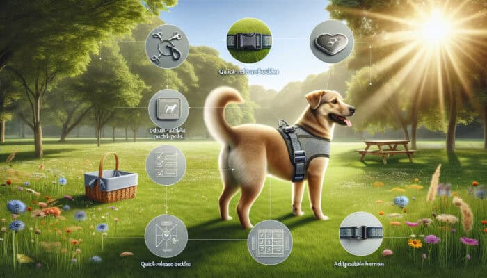 Dog wearing adjustable harness with quick-release buckles and reflective strips at a sunny park picnic among trees, basket, and wildflowers.
