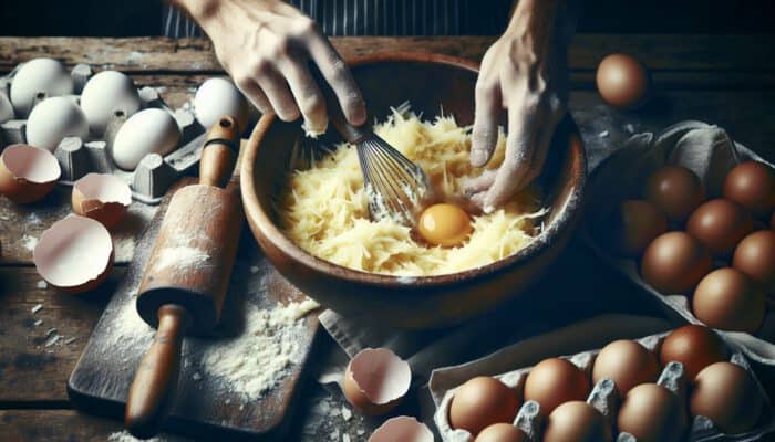 Close-up of hands mixing grated potatoes, onions, and eggs in a wooden bowl in a rustic kitchen with a preheated frying pan nearby.