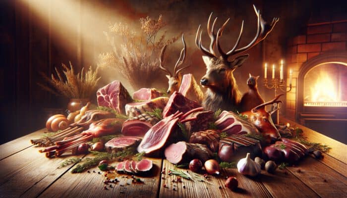 Top Strategies for Cooking Game Meat: A rustic wooden table with lean venison steaks, rich wild duck, and wild boar cuts, garnished with fresh herbs under golden light.