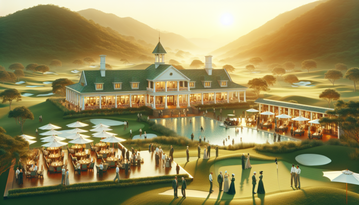 Cato Ridge Country Club: Luxurious Cato Ridge Country Club with colonial clubhouse, manicured golf courses, pools, and guests at an evening event under a golden sunset.