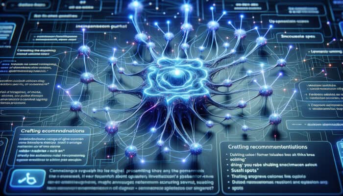 Illuminated blue neural network processes "best sushi spots" query, forming semantic links for precise recommendations in a futuristic interface.