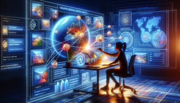 Digital artist at a glowing desk crafting a vibrant travel blog with holographic maps, budgeting charts, cultural icons, and neural networks.