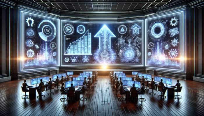 A dynamic digital dashboard in a modern control room showcases real-time PPC analytics with glowing charts, upward-trending graphs, and holographic screens.