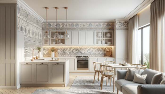 Modern kitchen with soft white walls, beige accents, light grey cabinets, and bold South African patterned wallpaper.