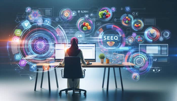 A dedicated analyst at a modern desk, surrounded by floating holographic keywords, analysing SEO graphs on multiple screens.