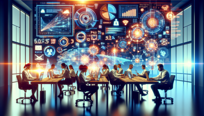 Business owners in a Patchway office analysing social media analytics on glowing screens, surrounded by charts of engagement, reach, demographics, and Facebook/Instagram icons.