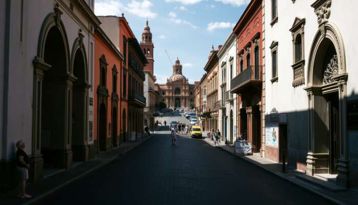Symmetrical street scene in San Miguel de Allende showcasing balanced arched doorways, ornate facades, and a lively plaza.