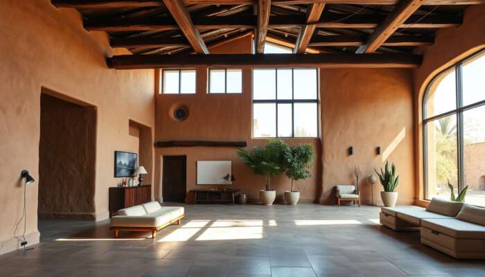 A picturesque building in San Miguel de Allende with thick adobe walls, layered materials, large windows, and elegant design.