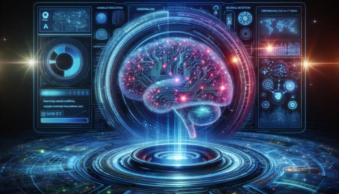 A glowing AI brain in a futuristic digital landscape analysing data streams, neural networks, and holographic interfaces.