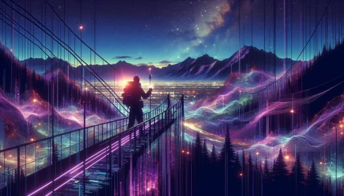 Futuristic explorer crosses a glowing code bridge at dusk, transforming text articles into vibrant travel video streams.