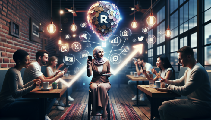 A small business owner films a promotional video in a bustling cafe, surrounded by rising sales graphs, online customers, and glowing social media icons.