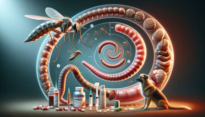 Illustration of heartworm life cycle: mosquito injecting larvae into dog, maturation stages to adult worms in heart and lungs, with preventive treatments and mosquito control in background.