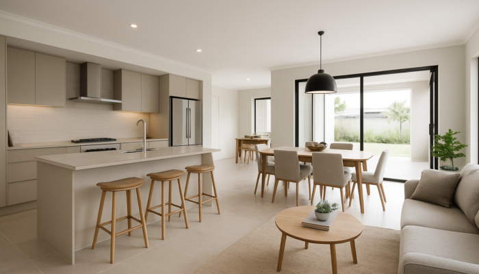 Modern interior of a Ballito home featuring an open-plan layout, sleek tiled floors, and a contemporary kitchen.