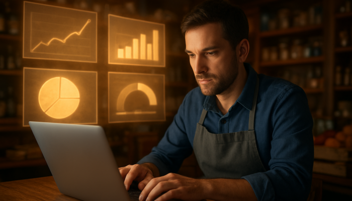 Business owner in Warminster shop analysing Google Analytics charts on laptop.