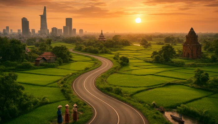 Winding road through Vietnamese rice paddies, villages, and landmarks at tropical sunset.