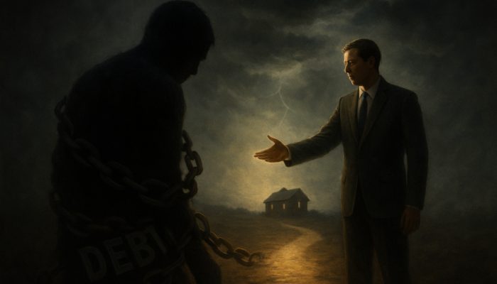 Shadowy figure entangled in debt chains, blocked from home by storms, guided by financial advisor to credit recovery.