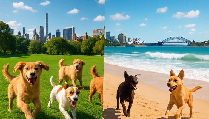 Energetic dogs frolicking in Central Park's green expanses and Sydney's sunny beaches.