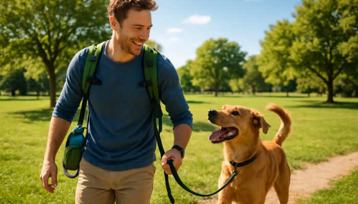 Joyful owner and excited dog exploring sunny pet-friendly park with backpack of essentials.