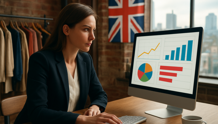 Determined entrepreneur in a Manchester boutique examines surging Google Analytics graphs with a Union Jack backdrop.
