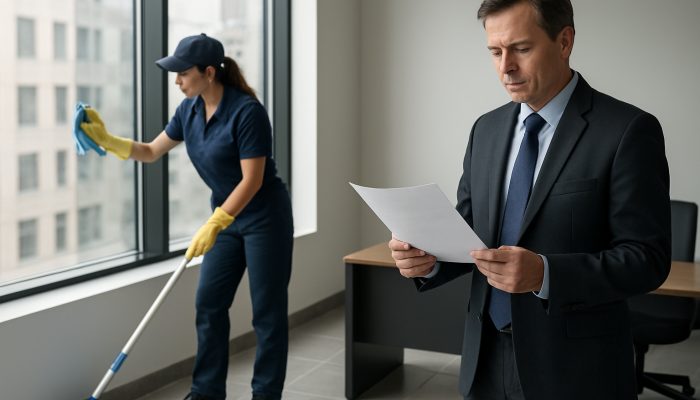 Professional cleaner scrubbing the floors and windows of an Ilchester office while the owner reviews invoice costs.