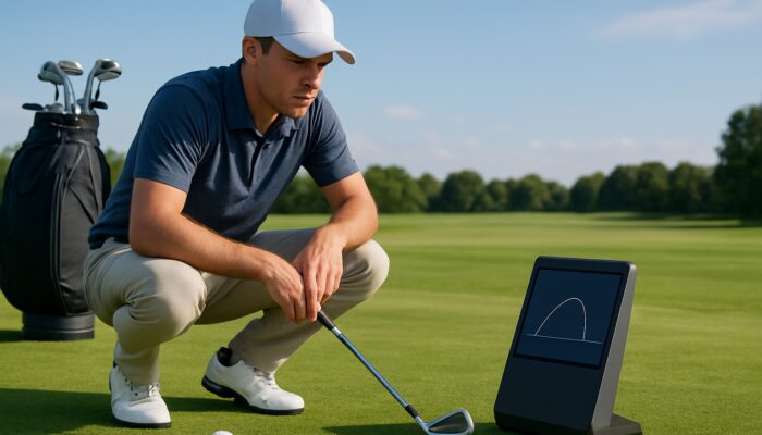 Focused golfer analysing golf launch monitor data on lush driving range.