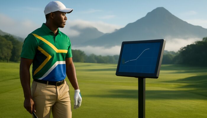South African golfer analysing swing data on launch monitor in KwaZulu-Natal's lush course with misty mountains.