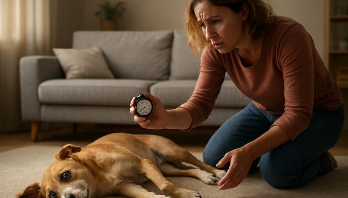 Worried owner clears living room hazards while dog seizes, timing with stopwatch and soft-lit eyes.