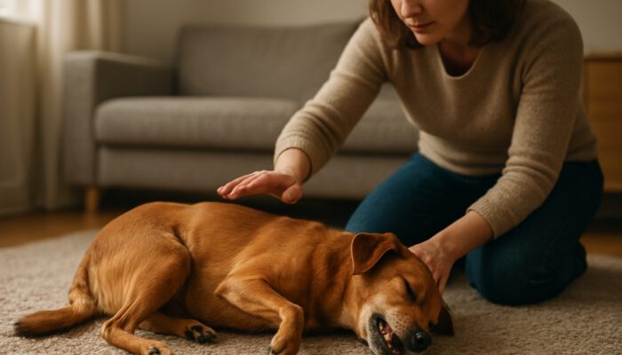Dog seizing on cozy rug, owner kneeling and reaching out gently in softly lit living room.
